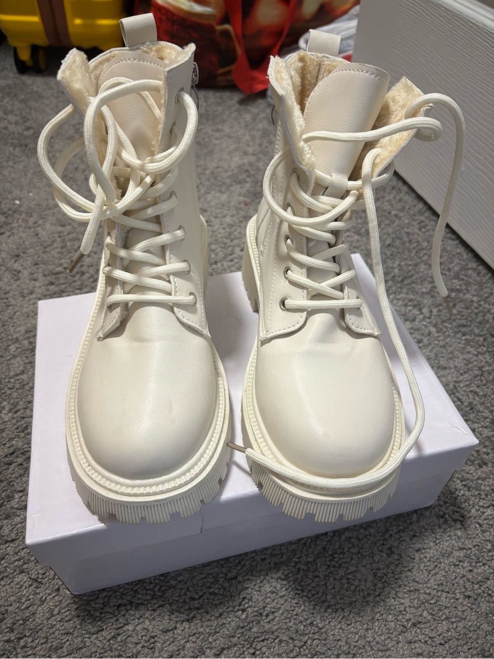 SHEIN Cream Lace-Up Faux-Leather Combat Boots with Faux-Fur Lining